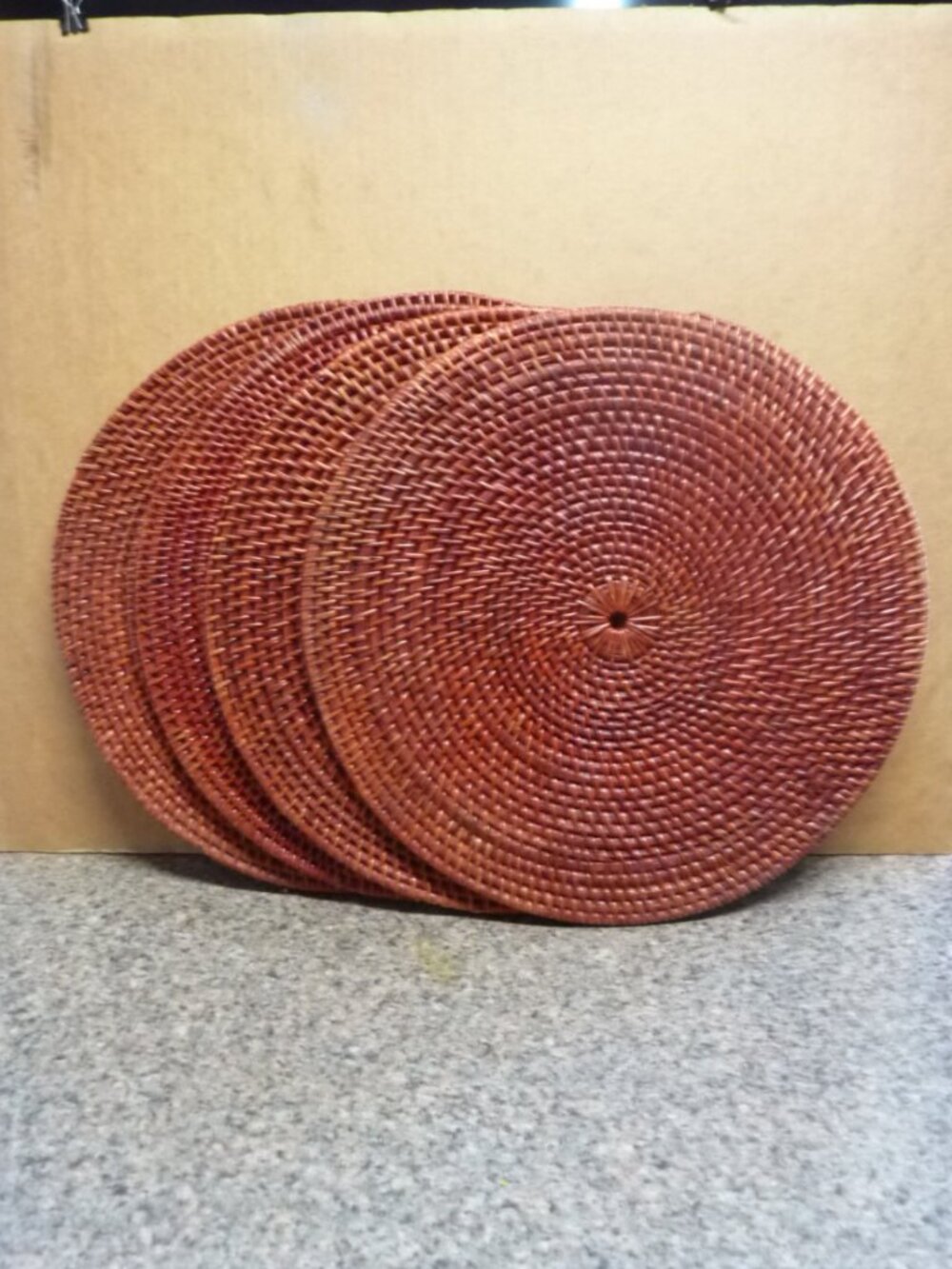 Set of 4 Crate and Barrel Red Wicker Rattan Round Charger Placemats 15.5 inches